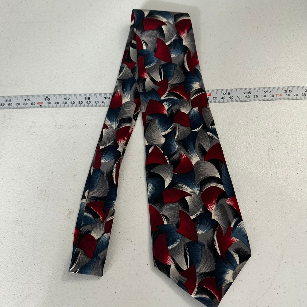 Pierre Cardin Mens Silk Tie Necktie Abstract Geometric Red Blue Grey Made in USA